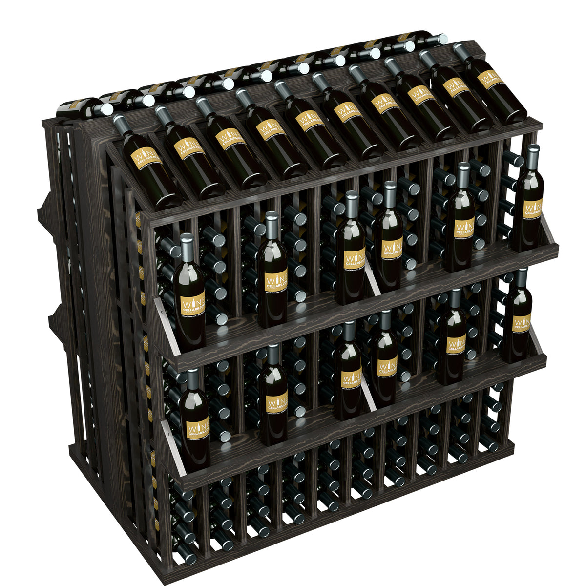 4-shelf bottle display rack with dark wooden frame and bottle holders.