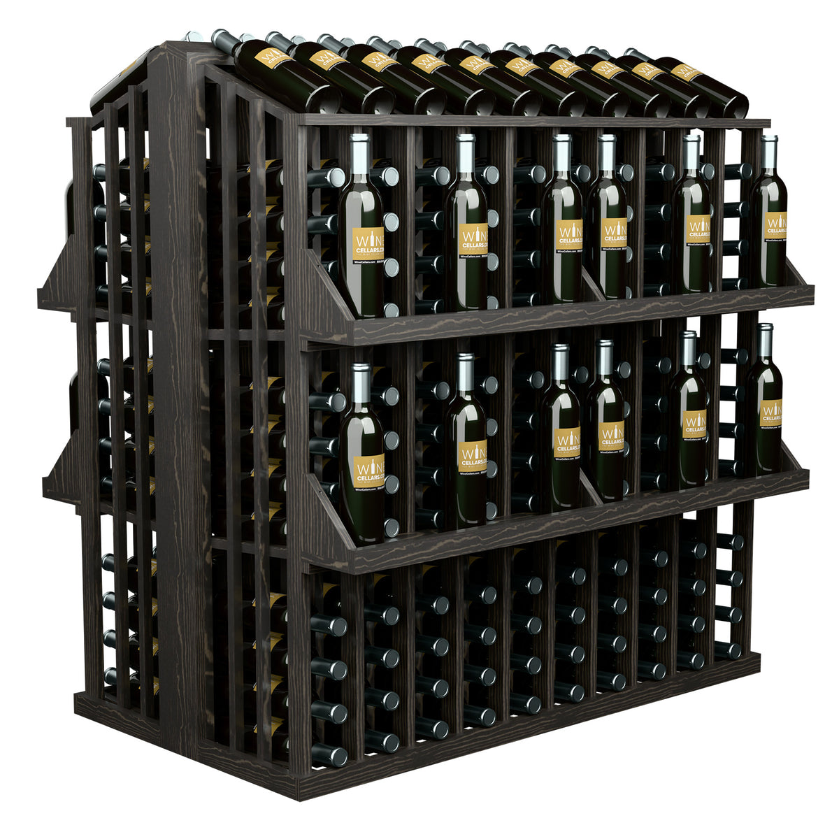 4-shelf bottle display rack with dark wooden frame, front and side view.