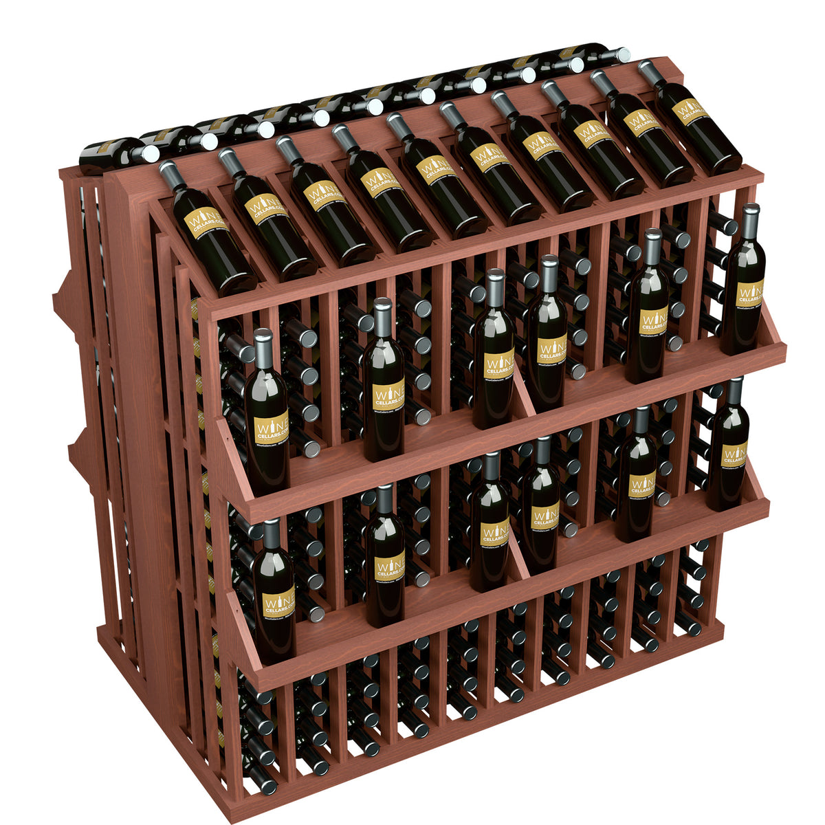 4-shelf wine bottle display rack with front bottle holders, warm reddish wood frame