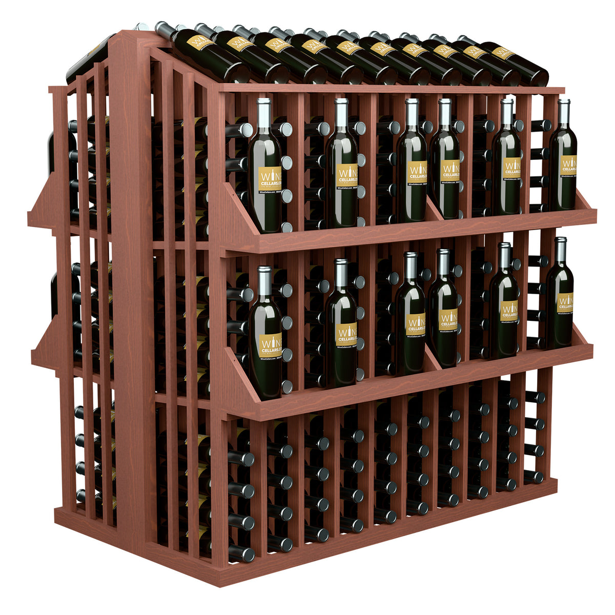 Warm brown wooden 4-shelf wine bottle display rack with front rows of bottle holders