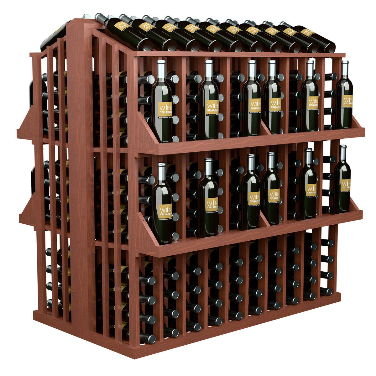 4-shelf bottle display rack with reddish wooden frame and bottle rows.
