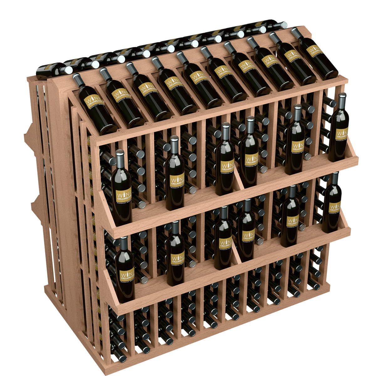 4-shelf wine bottle display rack with front bottle holders, light brown wood frame