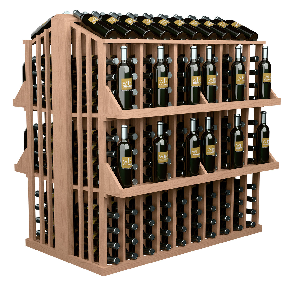 Wood wine bottle aisle display with four shelves, medium brown frame, bottle holders