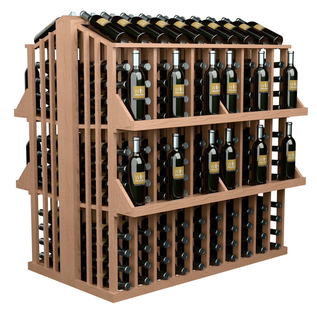 4-shelf bottle display rack with light wooden frame, front and side panels.