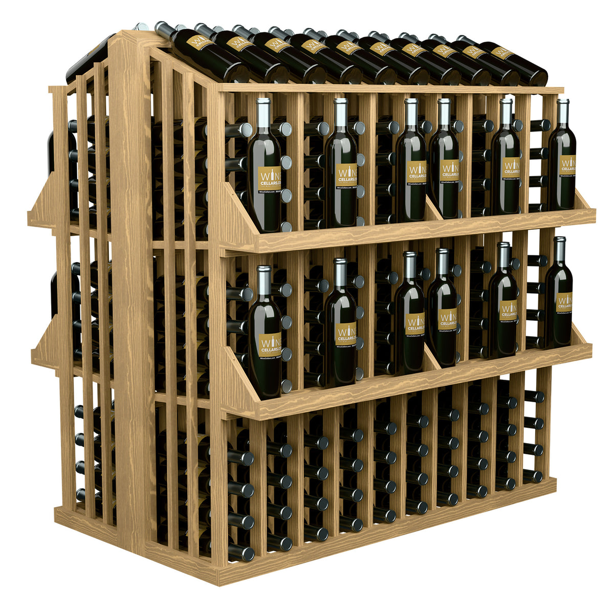 Wood wine bottle display rack with four shelves, metal pegs holding dark bottles