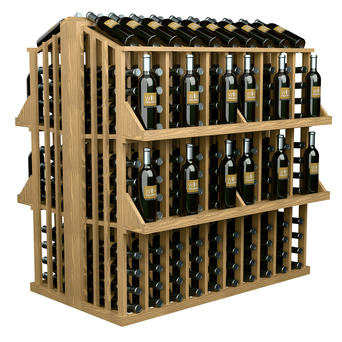4-shelf bottle display rack with natural light wood frame and bottle holders.