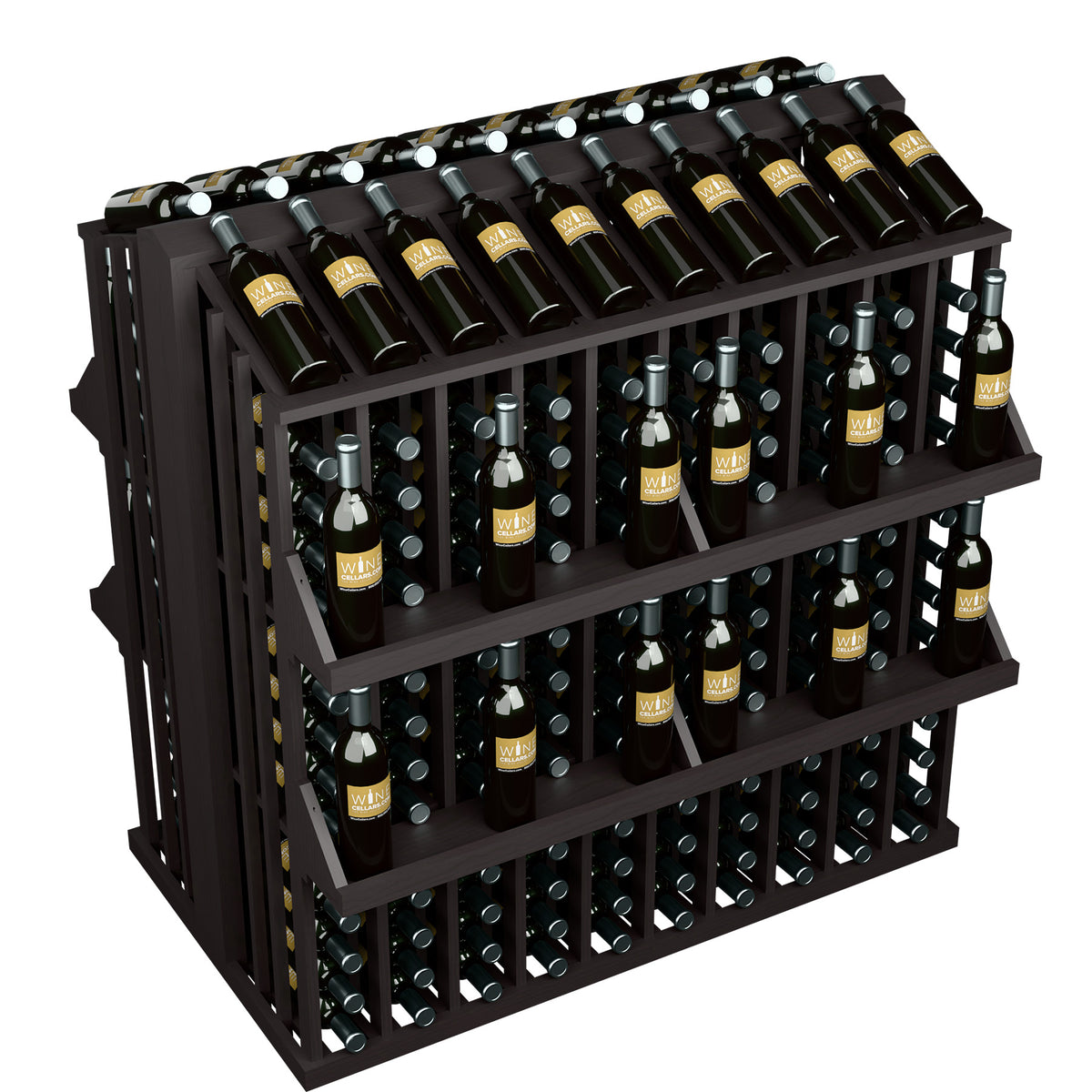 Dark wood bottle aisle display with 4 shelves and bottle slots, angled view