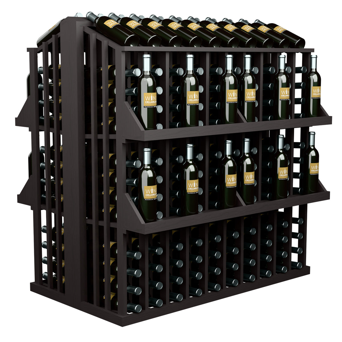 Commercial wine bottle display rack, black four-shelf design with bottle rows on display