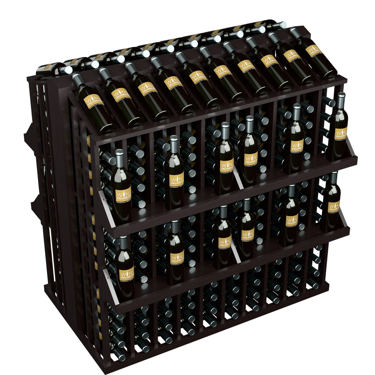 4-shelf bottle display rack with dark wooden frame, angled view of bottle holders.