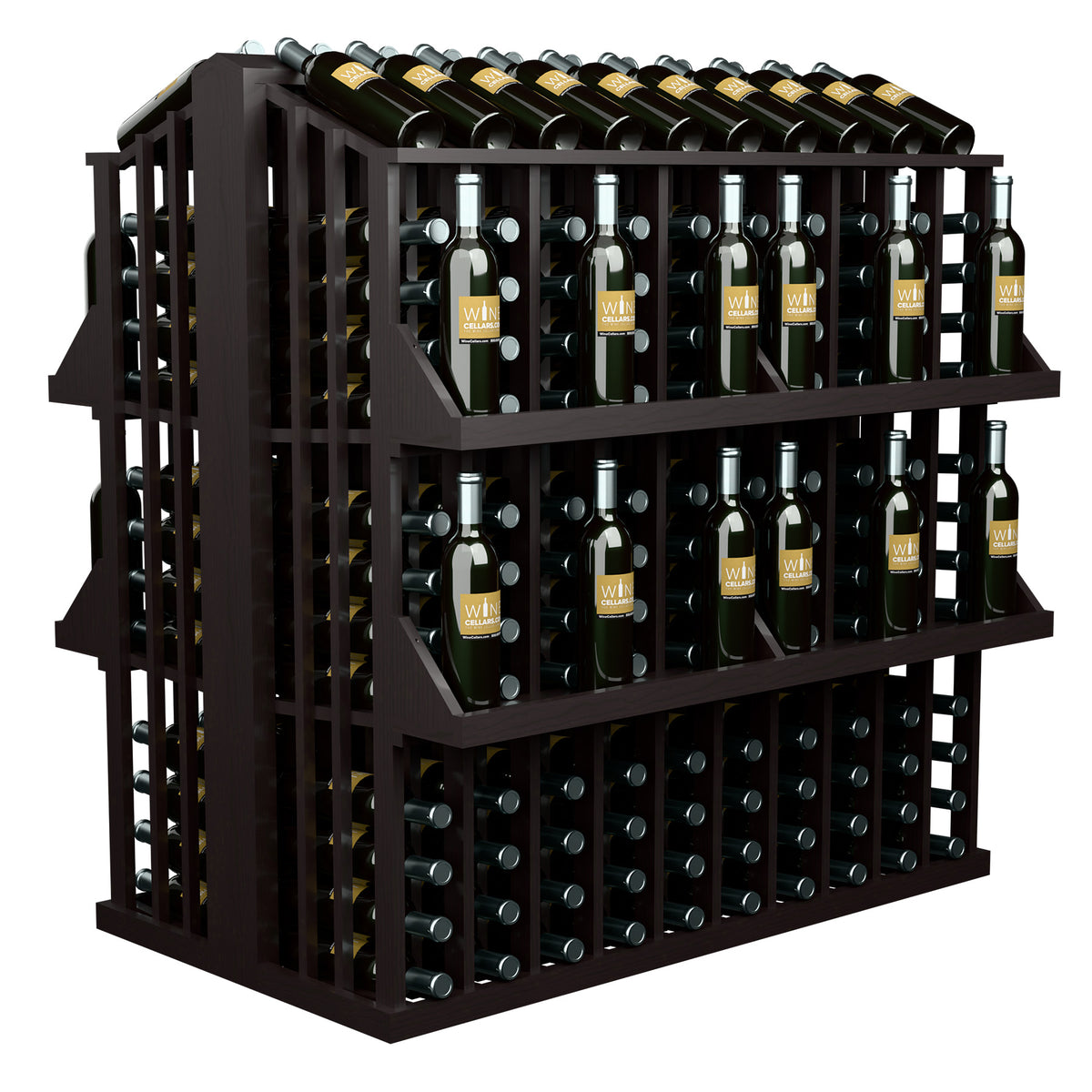 4-shelf bottle display rack with dark wooden frame and rows of bottles.