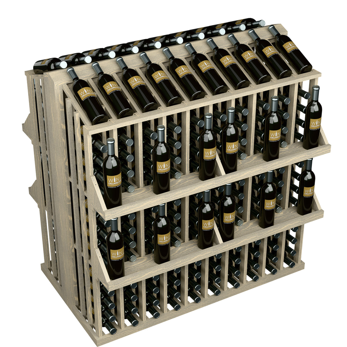 Four-shelf wine bottle display rack with 300 bottle slots, gray-toned wood finish.