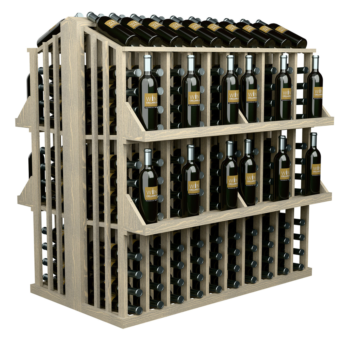 Four-shelf wine bottle display rack with 300 bottle slots, natural wood finish.