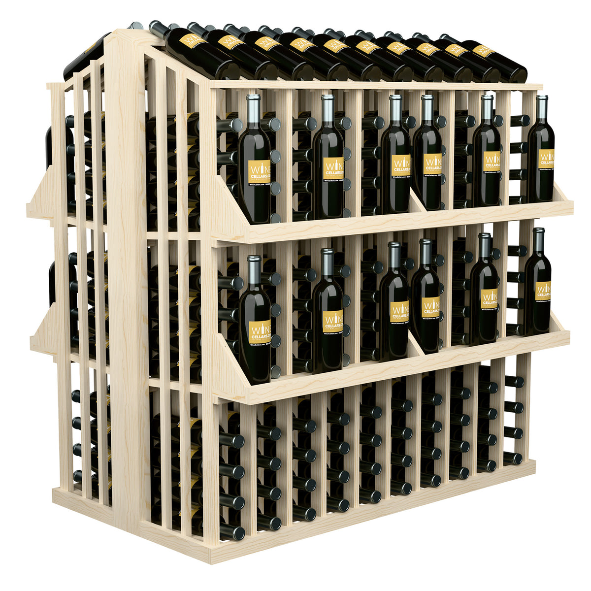 Pale wood wine bottle display rack with 4 shelves and metal bottle holders, side view