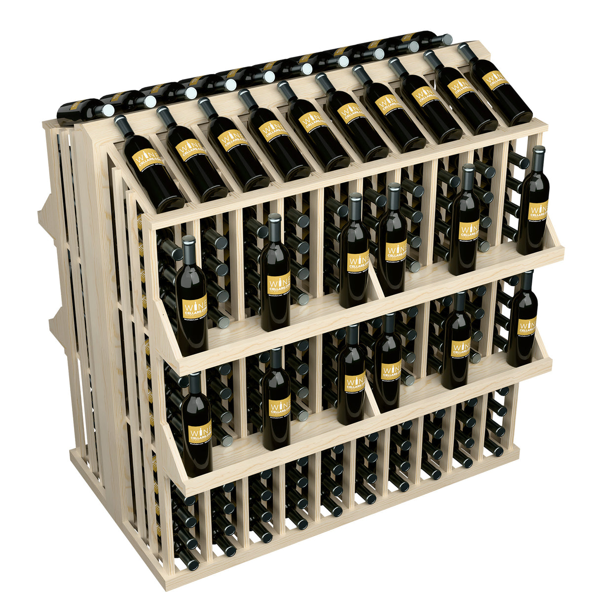 Wine bottle display rack with 4 shelves, light wood, angled view of black bottles