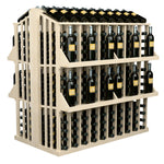 Wine bottle display rack with 4 shelves, light wood, front-right view of black bottles