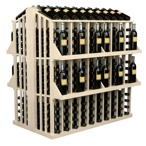 Wine bottle display rack with 4 shelves, light wood, front-right view of black bottles
