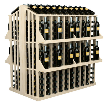 Wine bottle display rack with 4 shelves, light wood, front-right view of black bottles