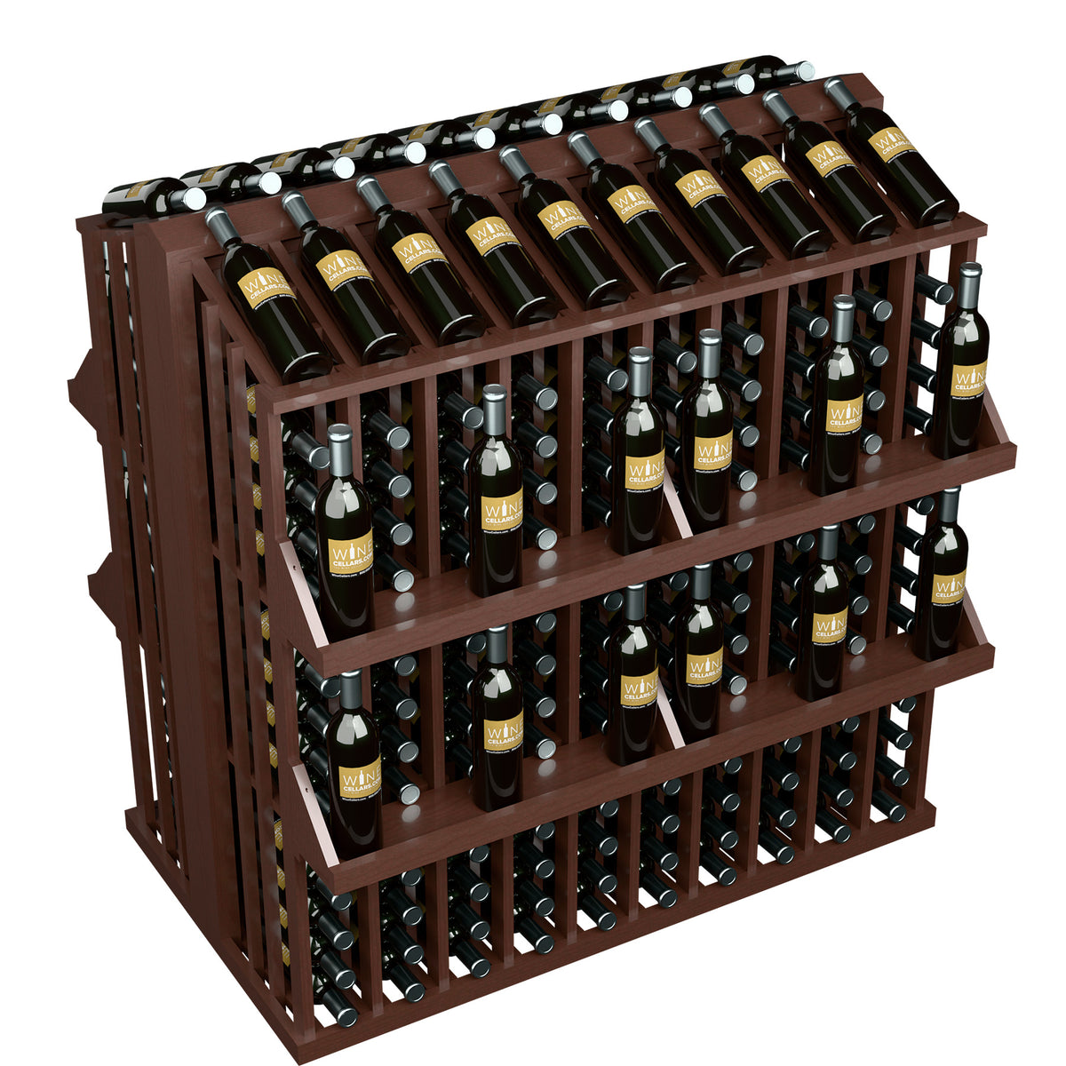 Wine bottle display rack with 4 shelves, dark wood, angled view with black bottles