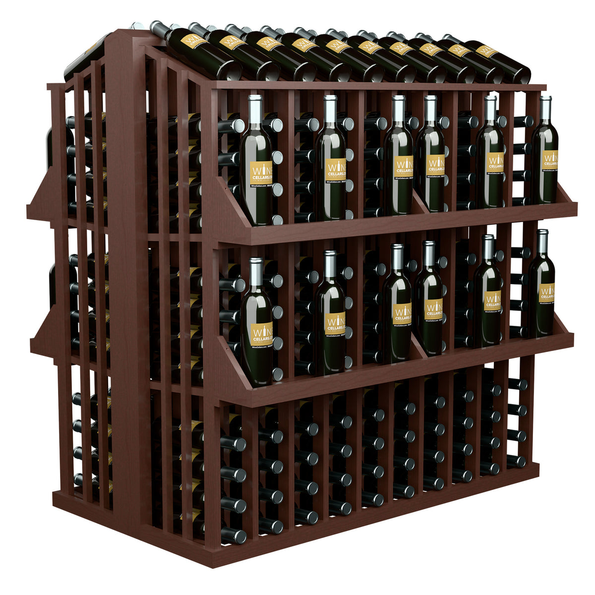 Wine bottle display rack with 4 shelves, dark wood, side view with black bottles
