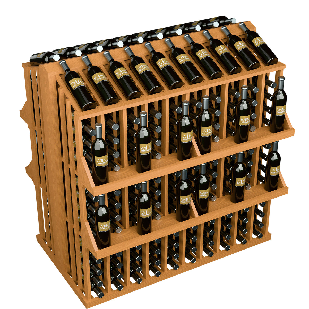 Four-shelf wine bottle display rack with 300 bottle slots, medium wood stain finish.