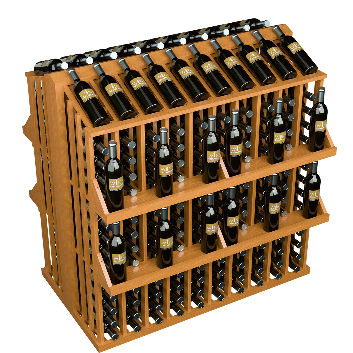 Wine bottle display rack with 4 shelves, medium wood, front view of black bottles