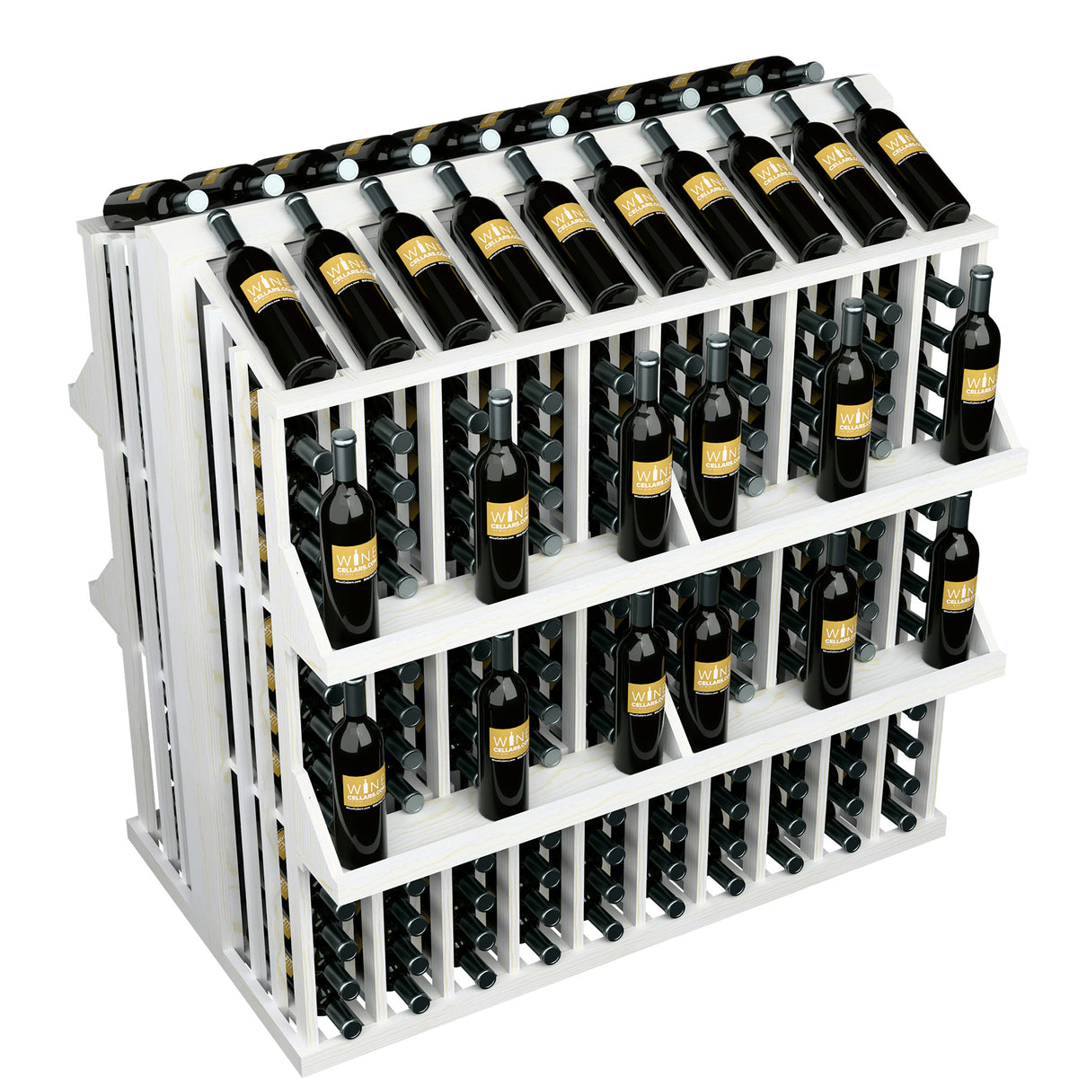 White wood wine bottle aisle display with four shelves and bottle holders