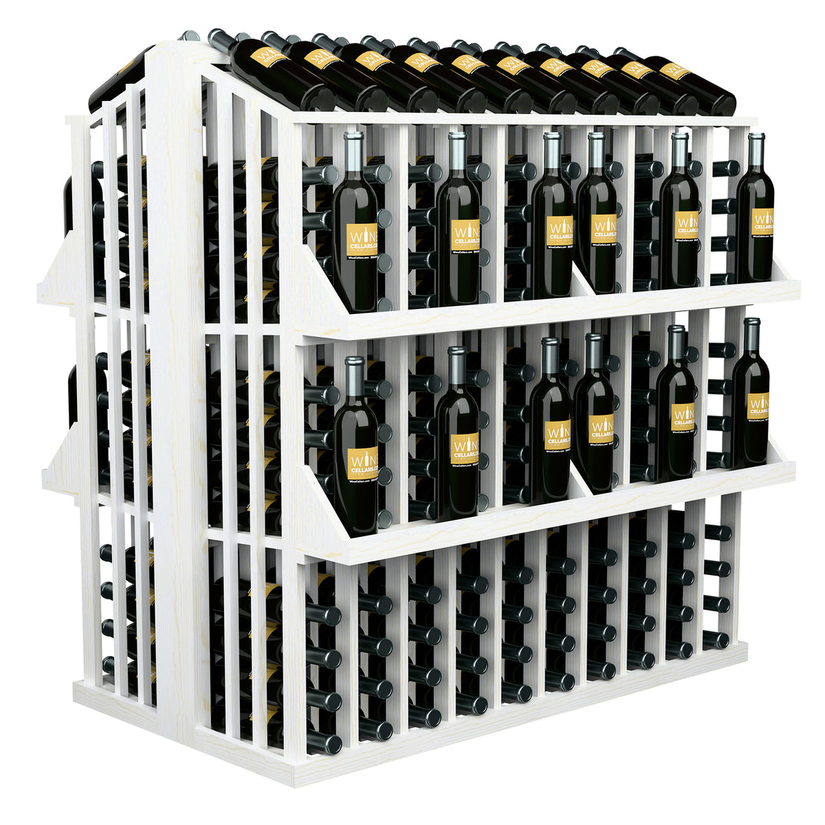 White wine bottle aisle display with four shelves, bottle holders, black bottles