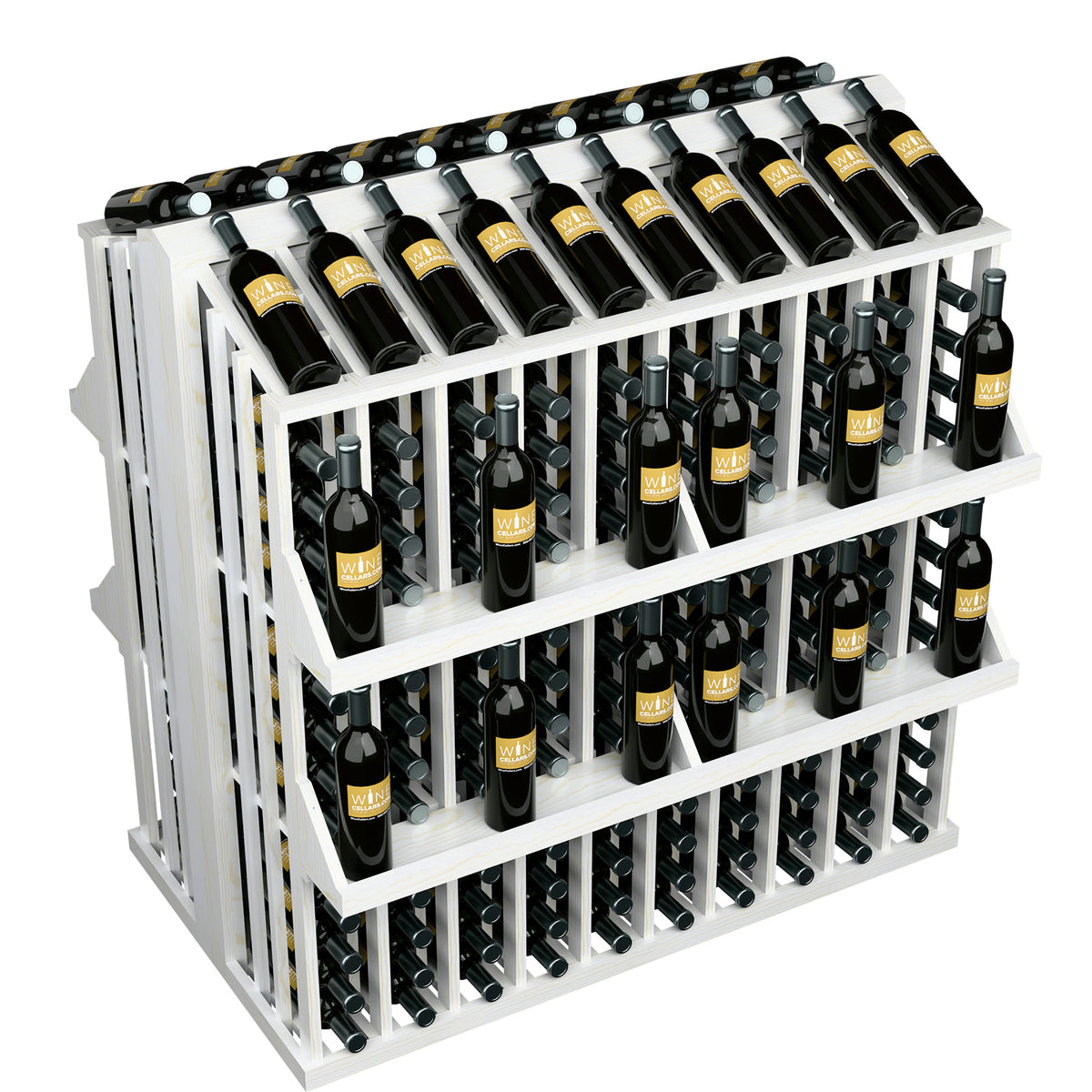 Wine bottle display rack with 4 shelves, whitewashed wood, rows of black bottles