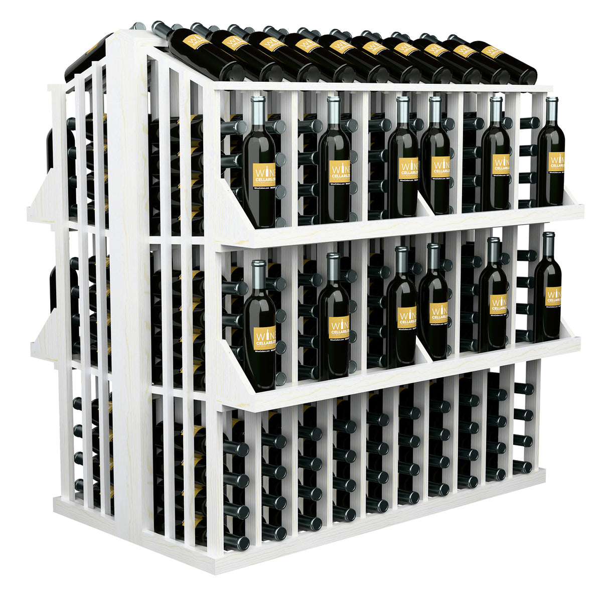 Wine bottle display rack with 4 shelves, whitewashed wood, front view of black bottles