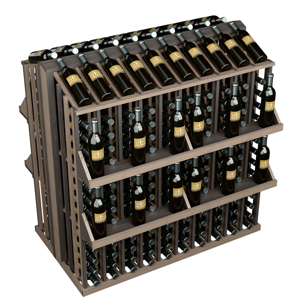 Dark wood wine bottle display rack with 4 shelves and metal bottle holders, angled view
