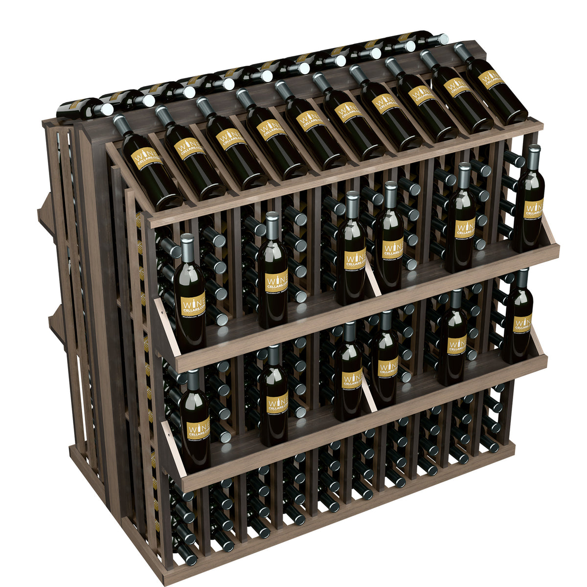 Dark wood commercial wine bottle aisle display rack with four shelves and bottle holders.