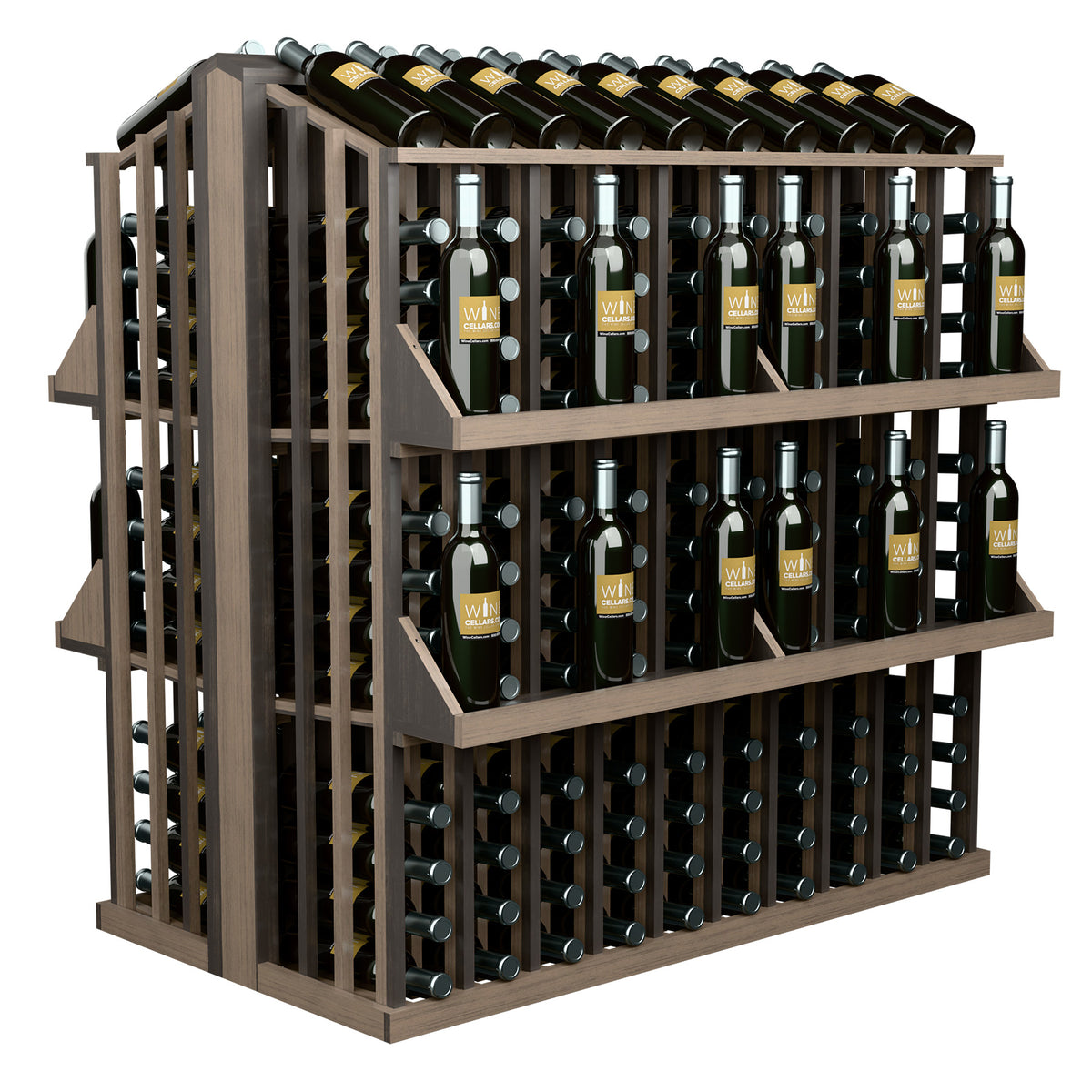 Light wood commercial wine bottle aisle display rack with four shelves and bottle holders.