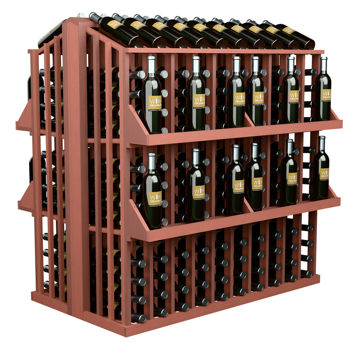 Rust-brown wood bottle aisle display with 4 shelves and bottle slots, side view