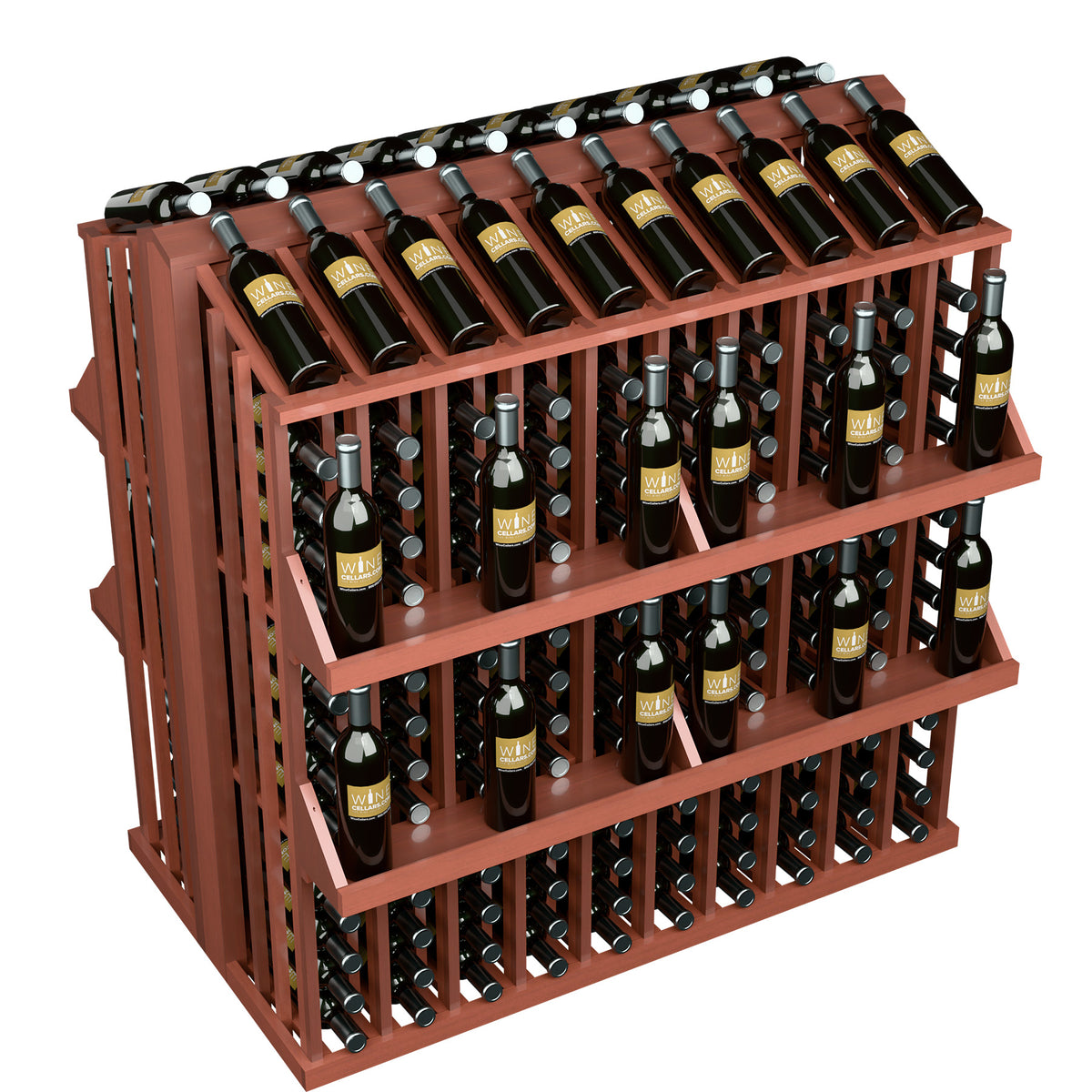 Red wood commercial wine bottle aisle display rack with four shelves and bottle holders.