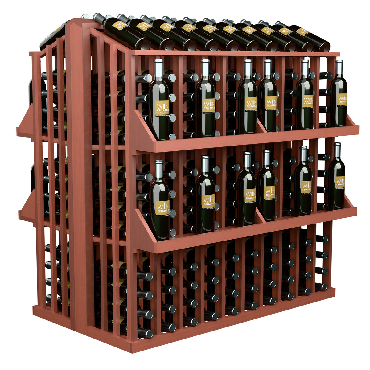 Red wood commercial wine bottle aisle display rack with four shelves and bottle holders.
