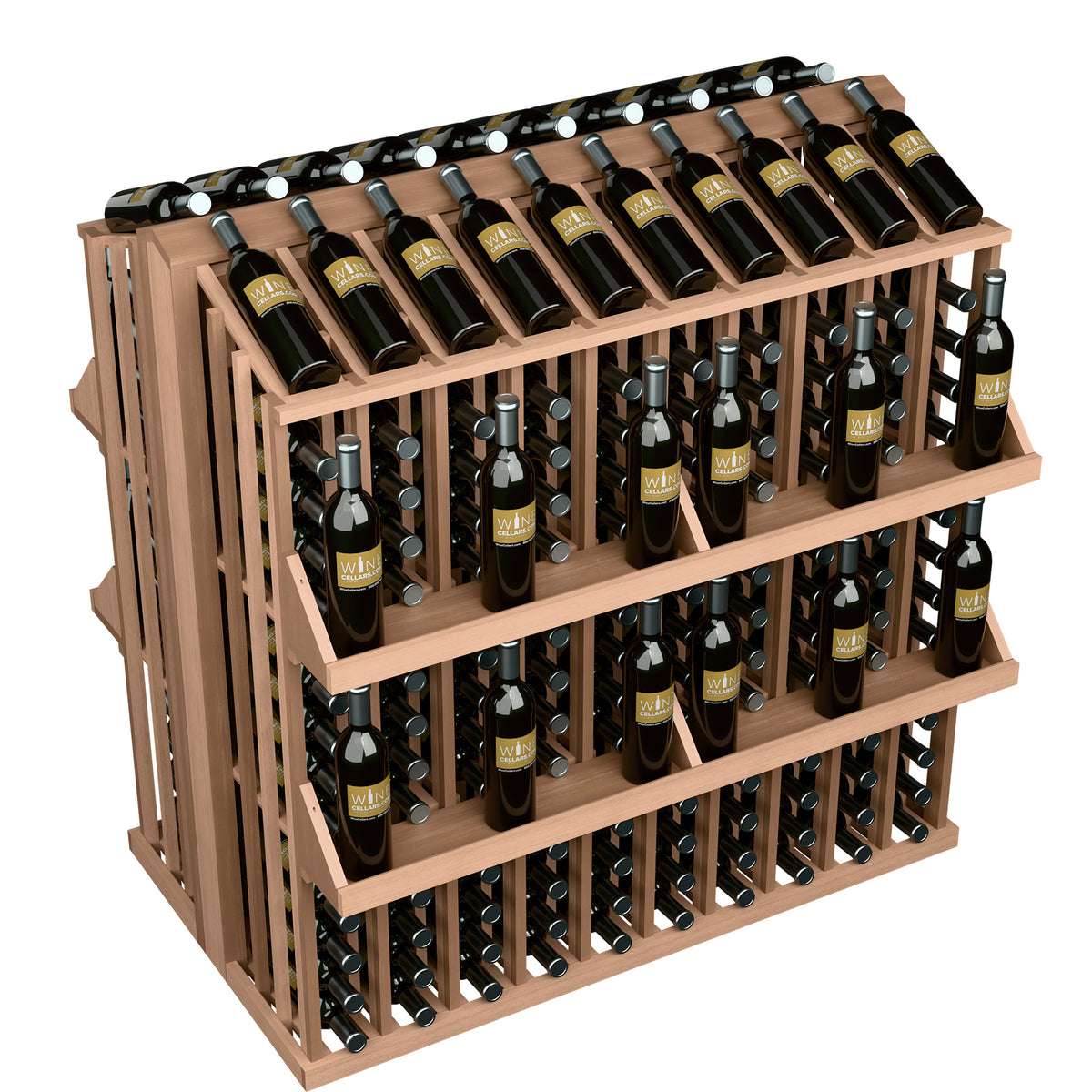 Wood wine bottle display rack with four shelves, angled view with rows of dark bottles