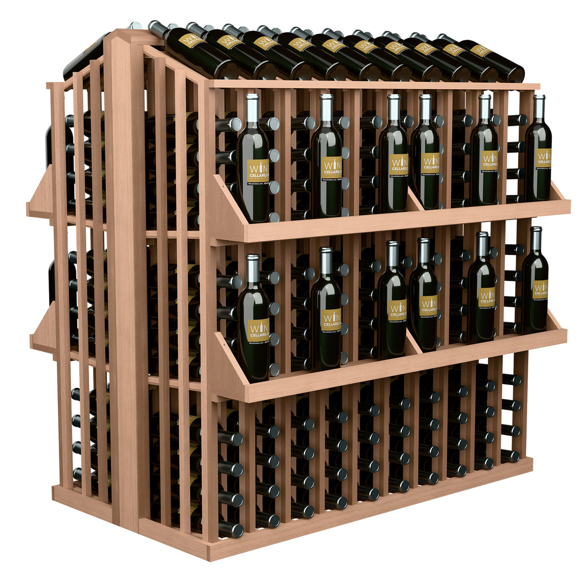 Wood wine bottle aisle display with four shelves, light tan frame, bottle holders