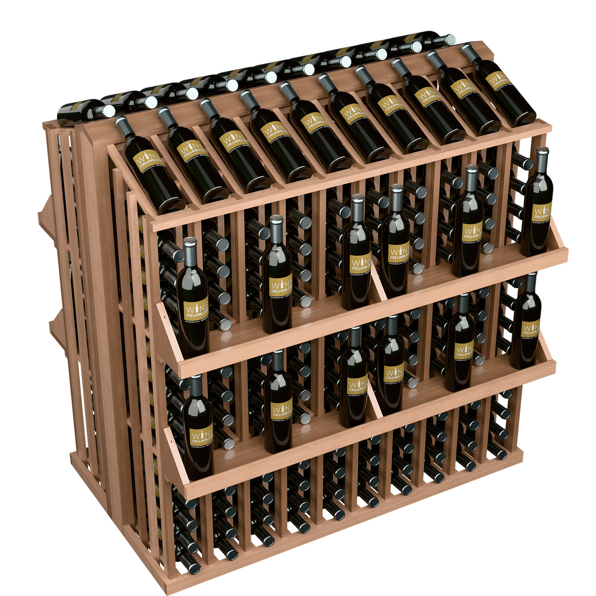 Light brown wood commercial wine bottle aisle display rack with four shelves and bottle holders.