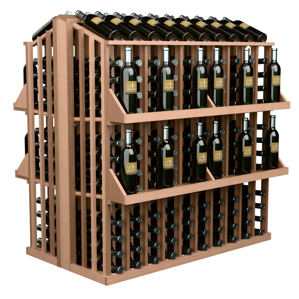 Light wood commercial wine bottle aisle display rack with four shelves and bottle holders.