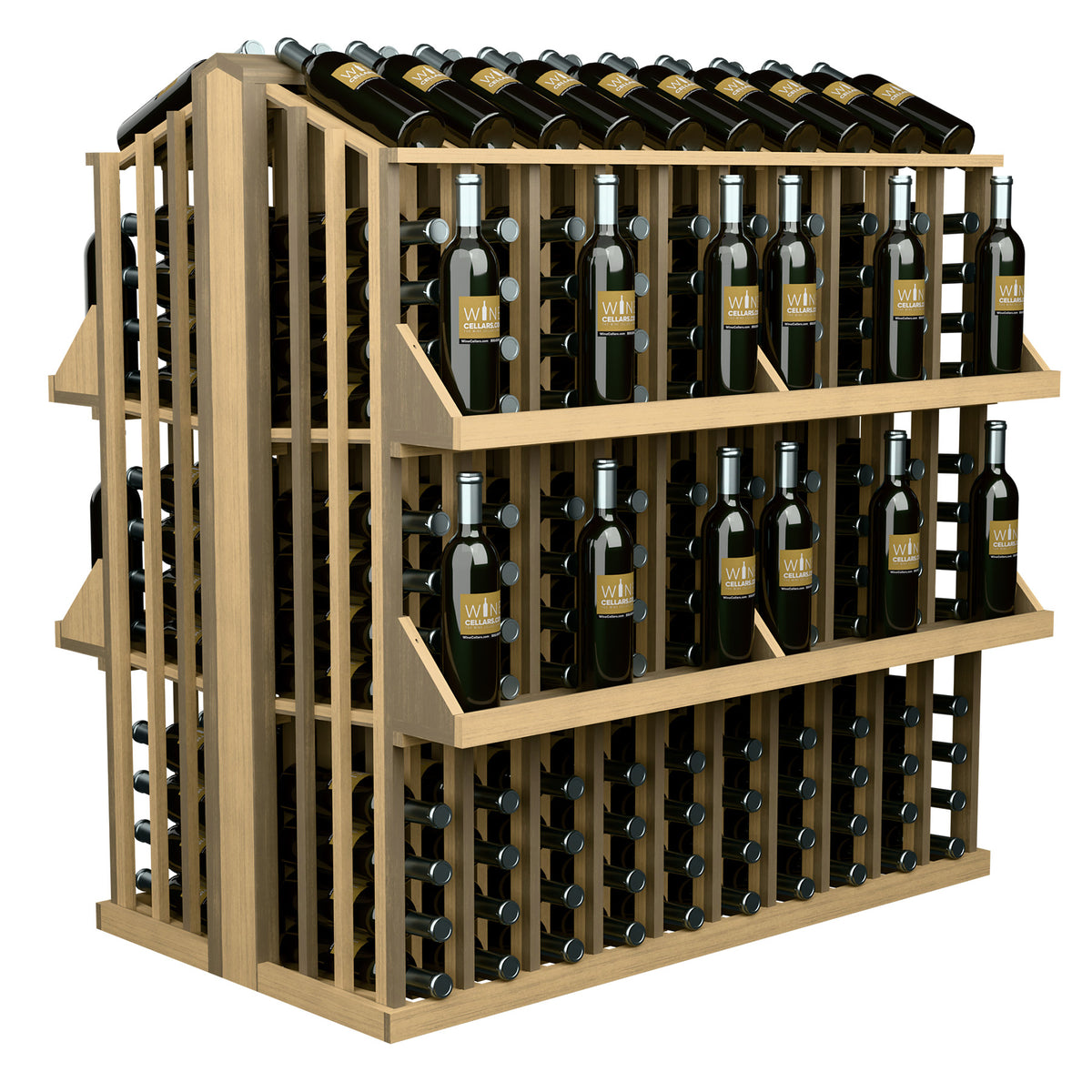 4-shelf wine bottle display rack with front bottle holders, natural wood frame