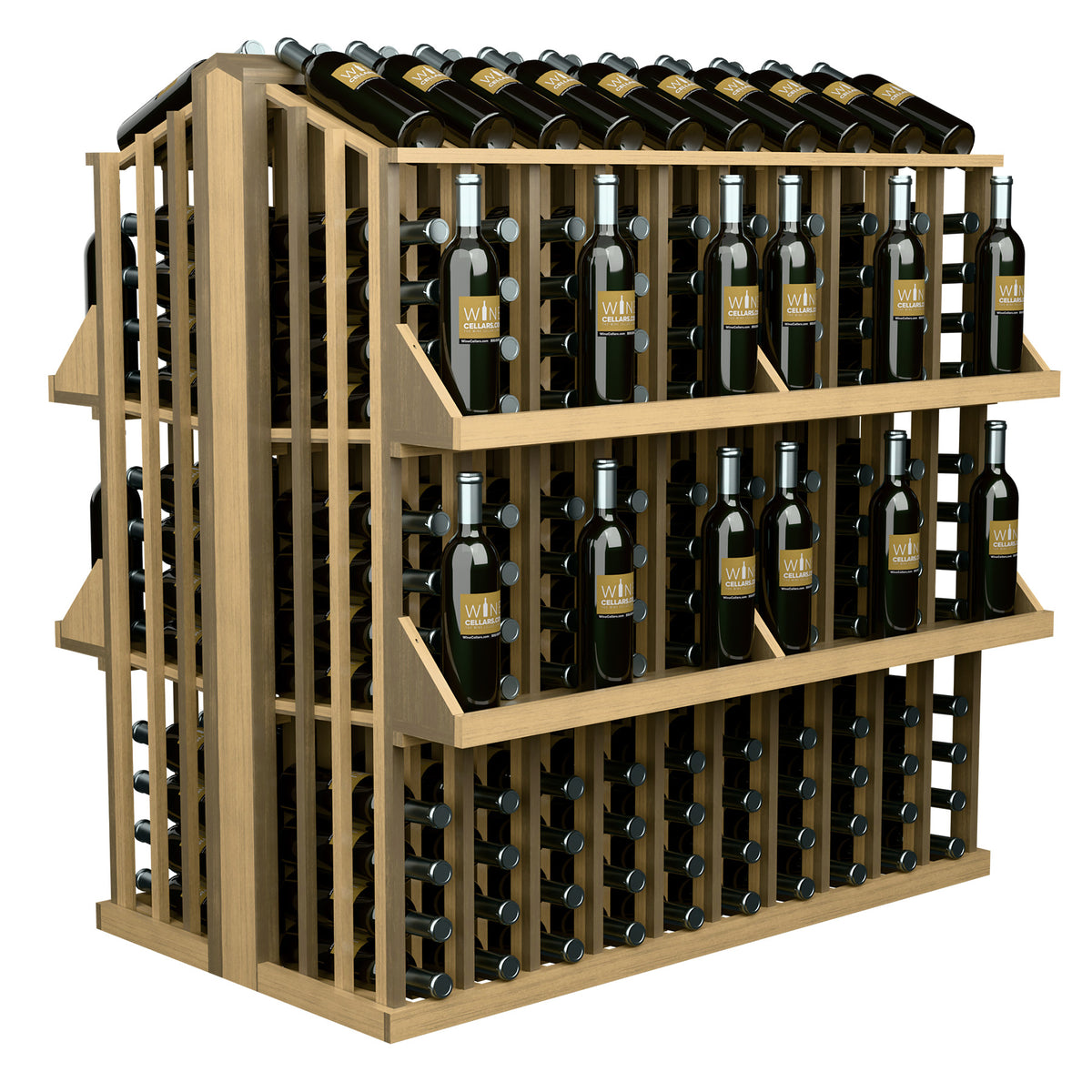 Natural wood commercial wine bottle aisle display rack with four shelves and bottle holders.