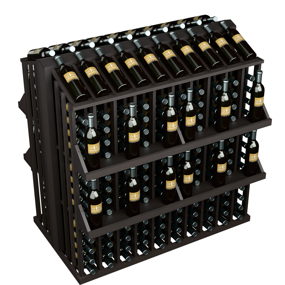 Top view of commercial black wine bottle display rack, four shelves holding bottles