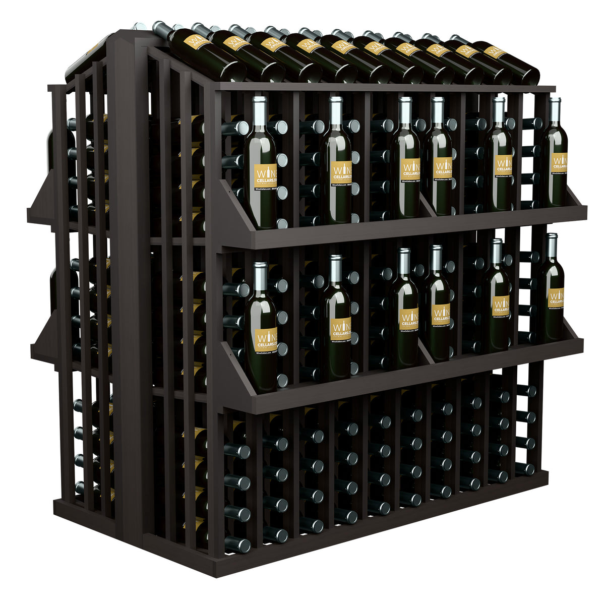 Commercial wine bottle display rack with four shelves, black frame holding upright bottles