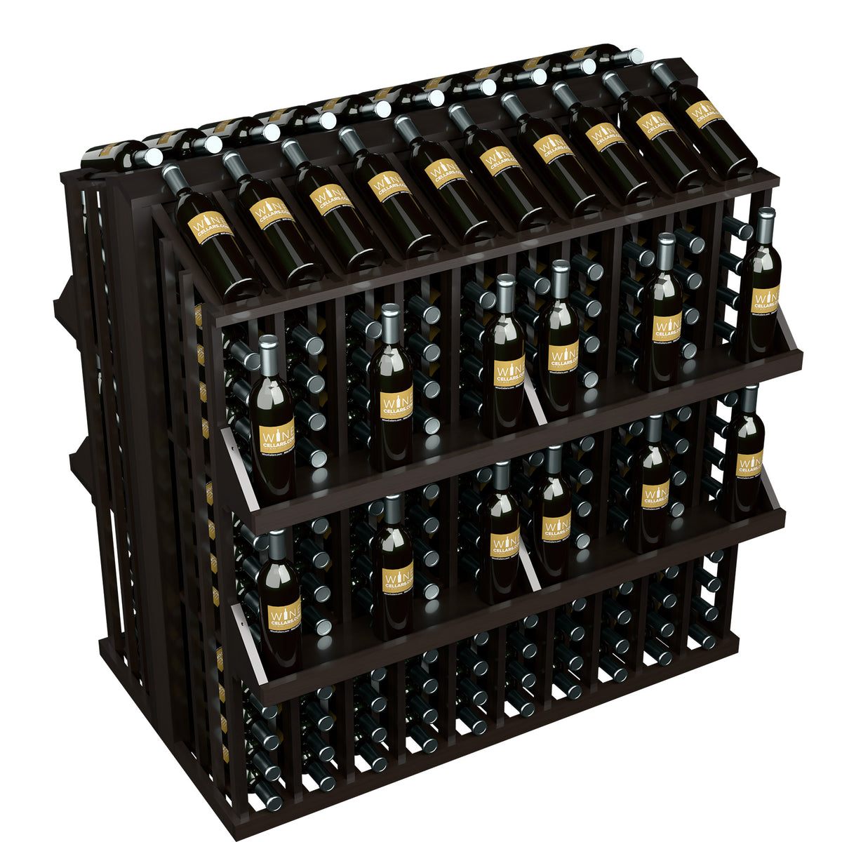 Dark wood commercial wine bottle aisle display rack with four shelves and bottle holders.