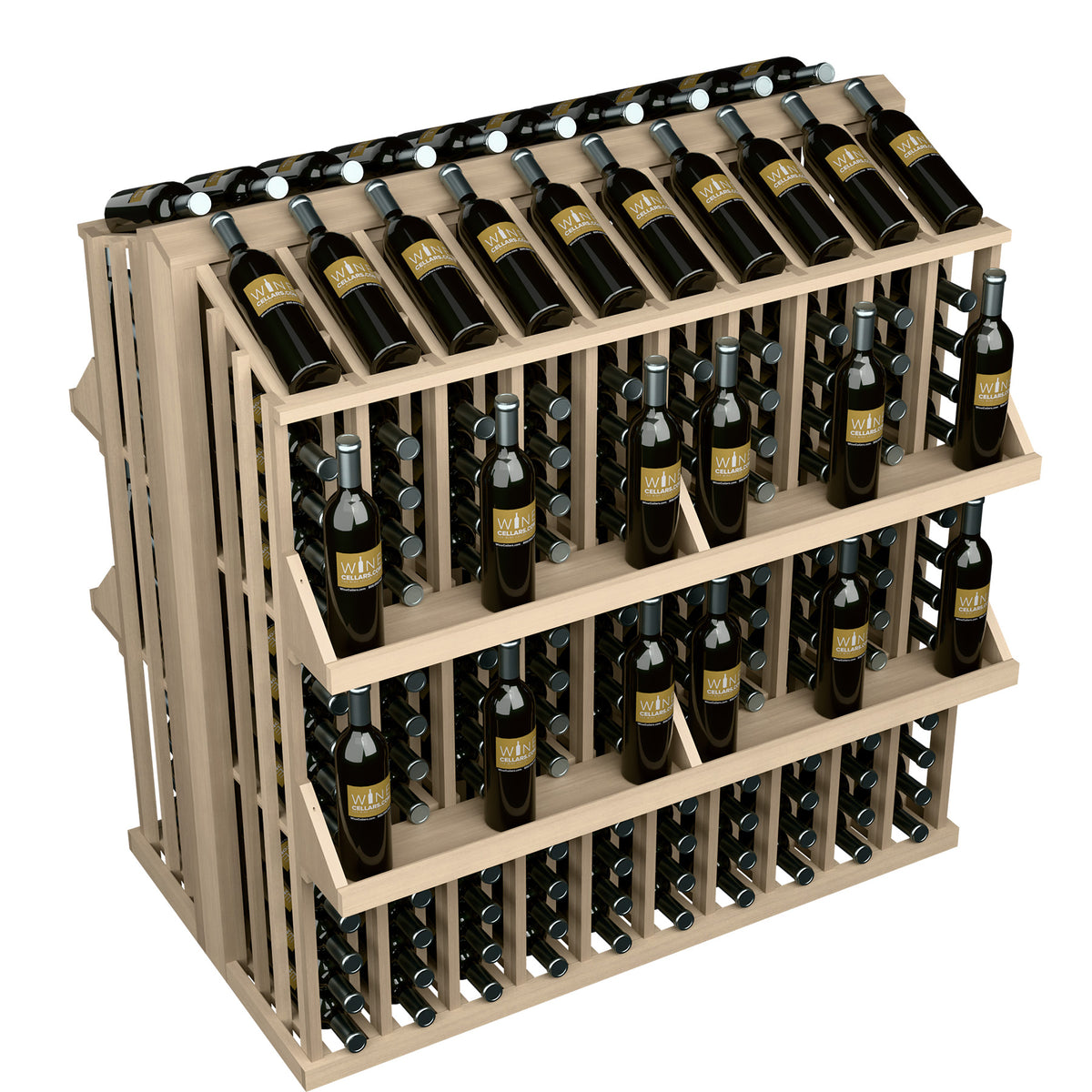 4-shelf wine bottle display rack with front bottle holders, light gray wood frame