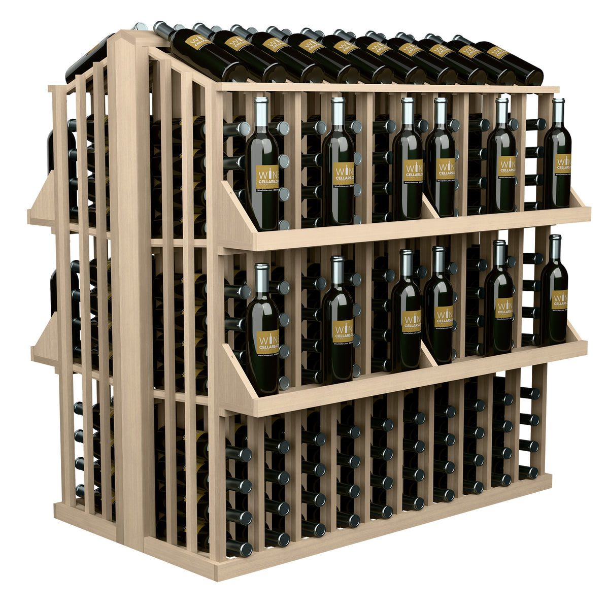 Light wood 4-shelf wine bottle display rack with dense rows of wine bottles in holders