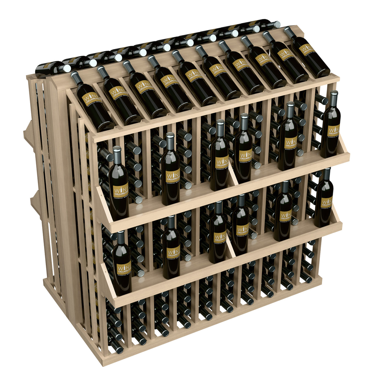 Light wood wine bottle display rack with 4 shelves and 300 bottle slots, front view.