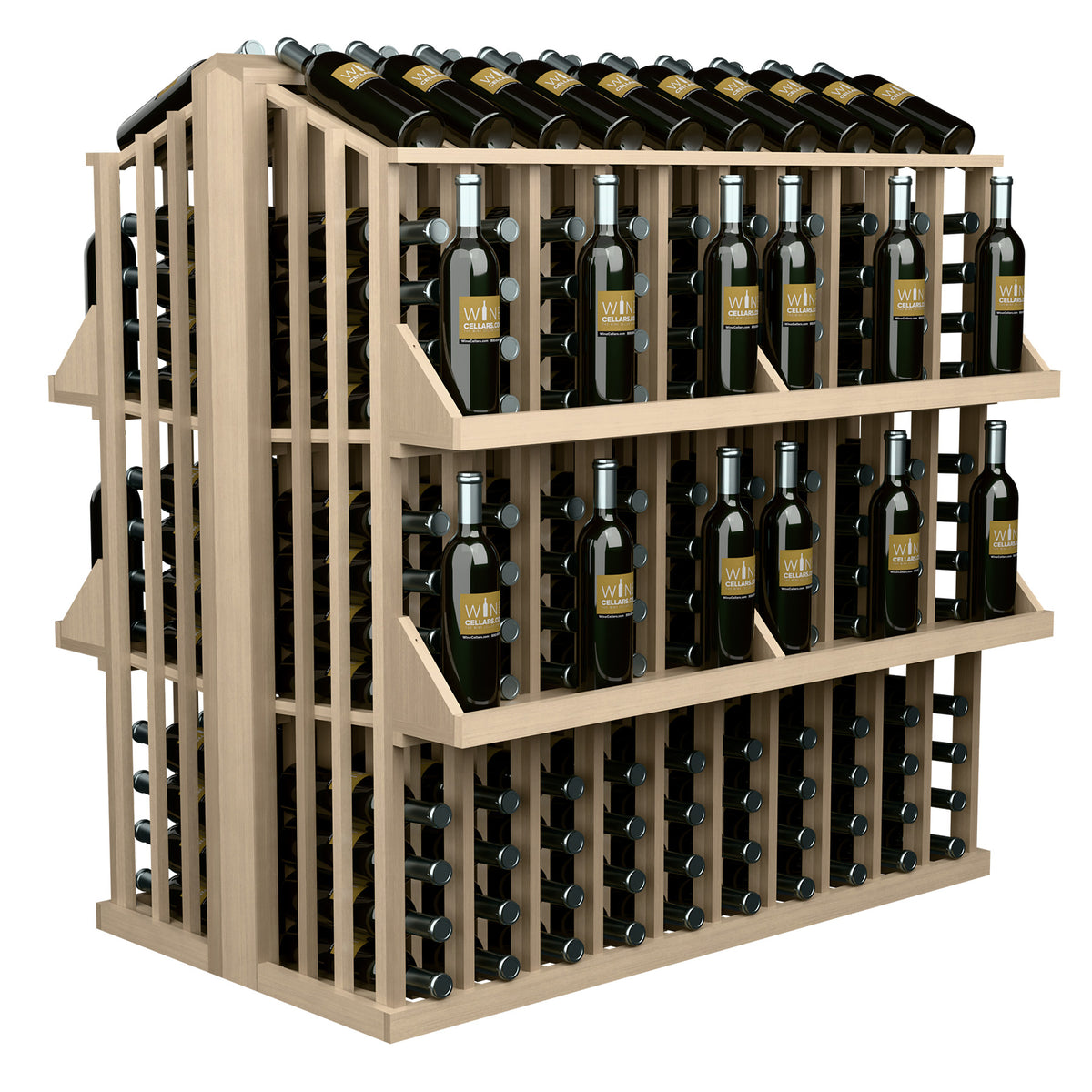 Light wood wine bottle display rack with 4 shelves and bottle holders, angled side view.