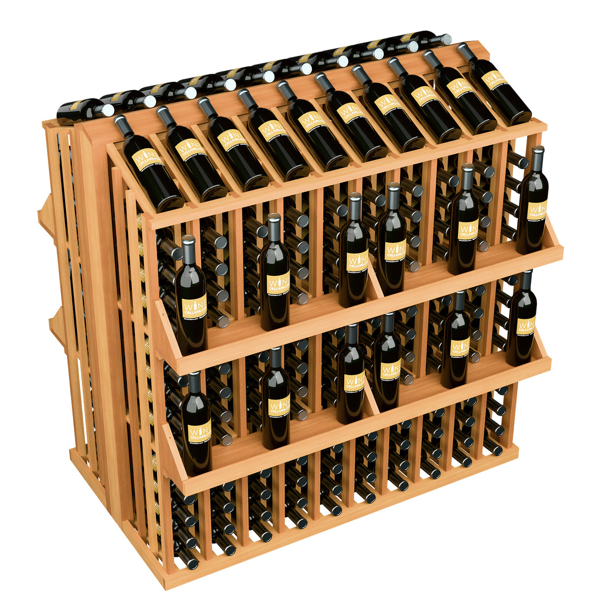 Wood wine bottle display rack with four shelves, close view of dark bottles in rows