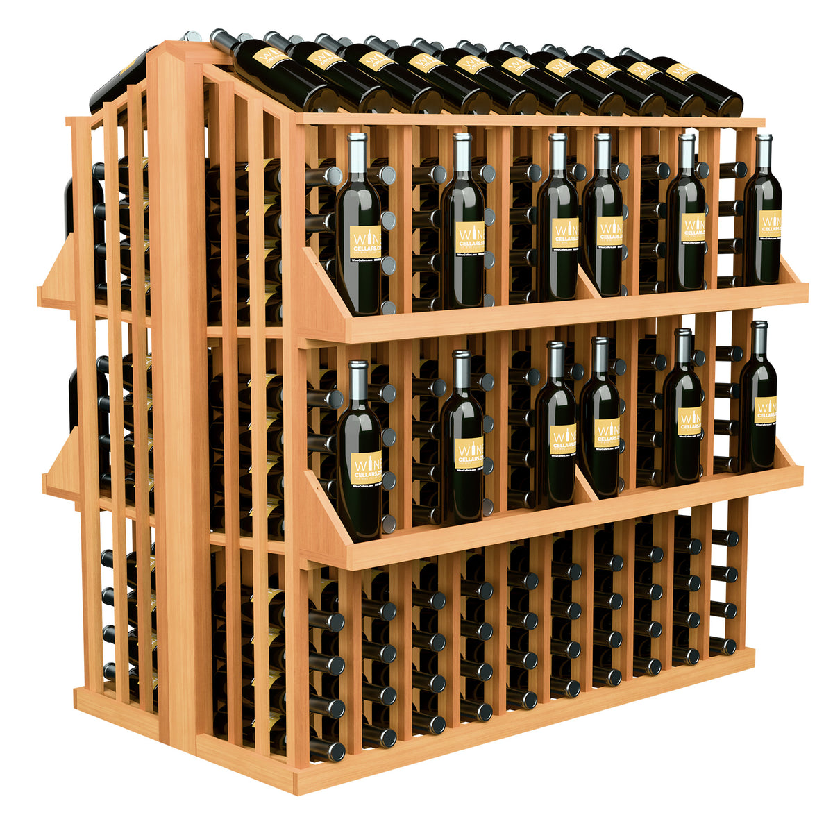 Light wood wine bottle display rack with 4 shelves and metal bottle holders, side view